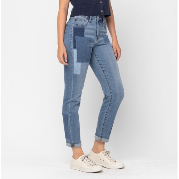 JUDY BLUE WOMENS HIGH WAIST DOUBLE ROLLED CUFF PATCH BOYFRIEND - Picture 4 of 7